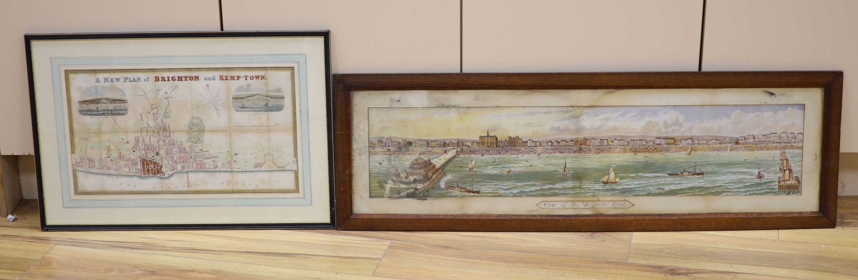 Two antique Brighton prints, steel engraving, 'New Plan of Brighton and Kemp Town', 27 x 48cm and a chromolithograph, A 'View of Brighton Front', 20 x 92cm